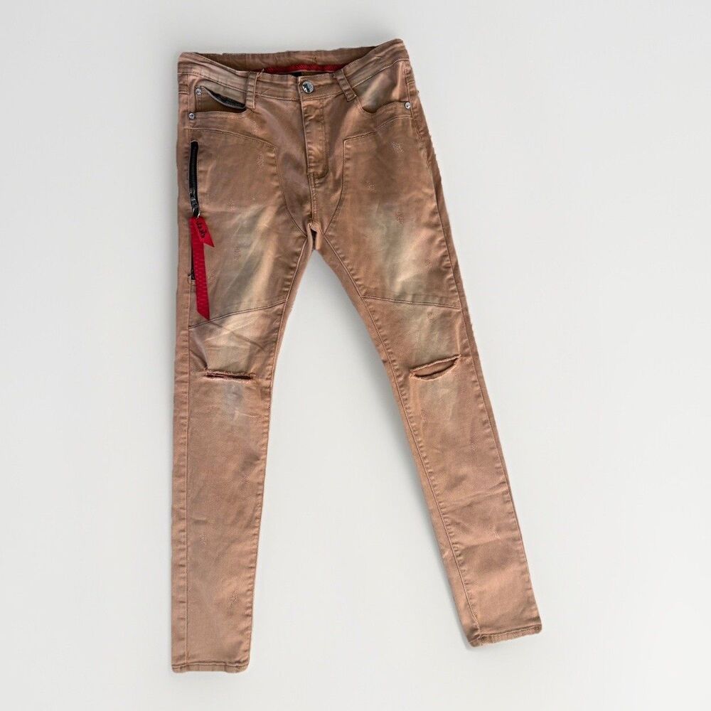 KLEEP Denim Distillation Moto Jeans Men’s 32x34 Tan Slim Fit Distressed Zipper